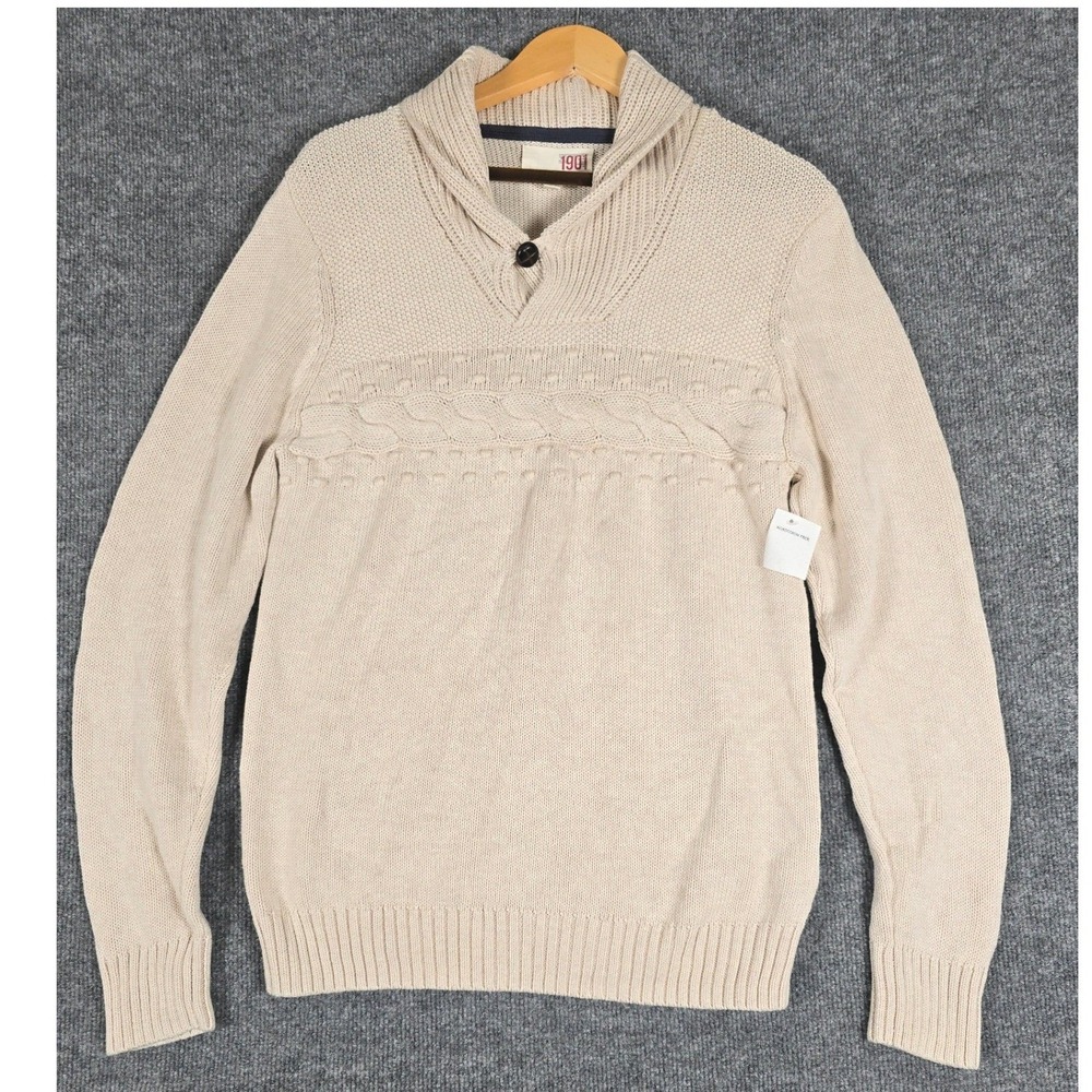 1901 Men's Beige Shawl Collar Cable Knit Button Sweater Suze Medium‎